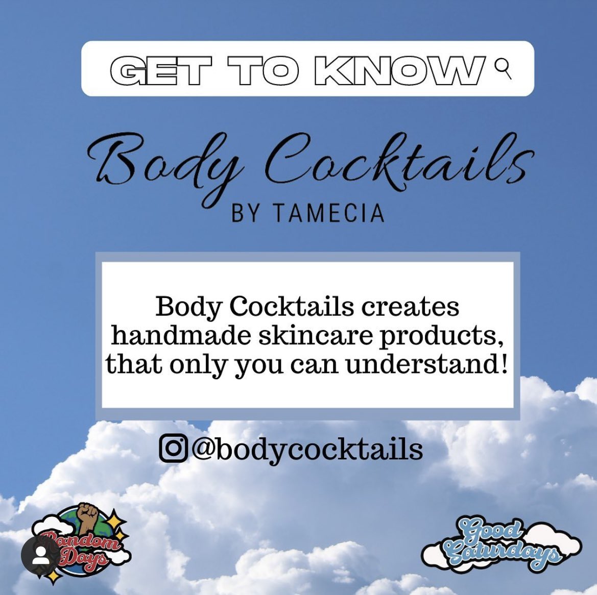 RandomDaysSC's tweet photo. Get To Know some vendors who will
be at Good Saturdays!🌤
@dirtywaterrawjuice/
@bodycocktails
#randomdays #goodsaturdays
#supportblackownedbusinesses #shopblackbusiness https://t.co/aYNrJUbxtp