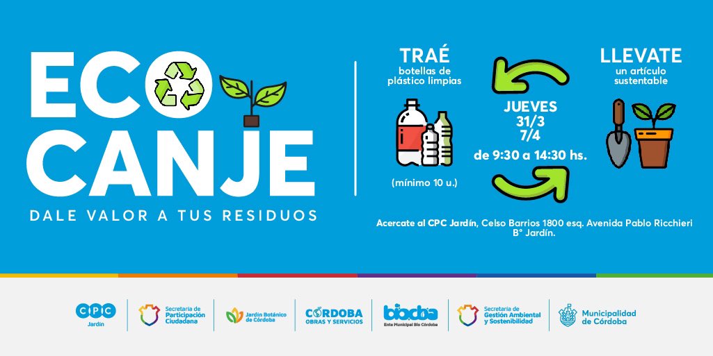 ♻ ¡SUMATE A OTRA NUEVA JORNADA DE ECOCANJE EN B° JARDÍN! 📍 

📢 Traé tus residuos secos al #EcoTrailer que ya instalamos en el nuevo CPC de Barrio Jardín. A cambio, podés llevarte plantines o artículos sustentables. 🌷