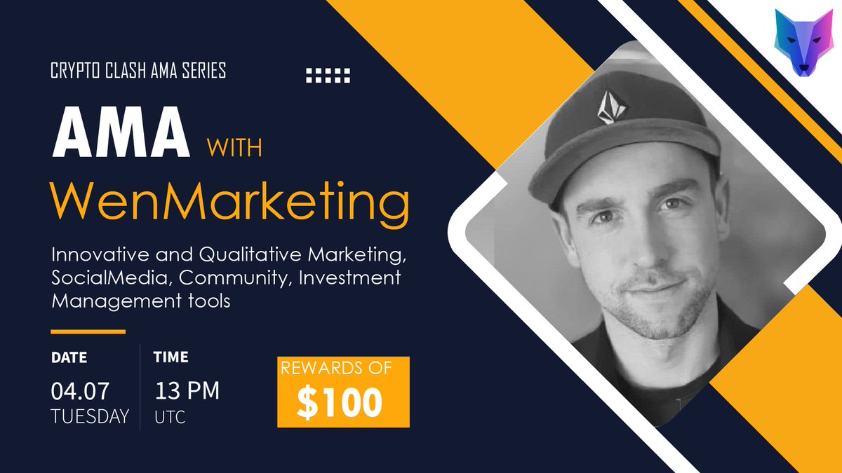 CryptoClash1's tweet photo. ⚔️AMA Series With WenMarketing

🎁Prize: $100 BUSD
📆Date: April 7th 2022 1 PM UTC 
🏨 Venue: https://t.co/pi4JMpQC41

〽️ Rules:

1️⃣. Follow 
@CryptoClash1
  &amp;
@WenMarketingCC

2️⃣. Like Retweet &amp; Comment Your Questions (5 Questions Max) Tag 3 friends. https://t.co/dVX2qRGvLx