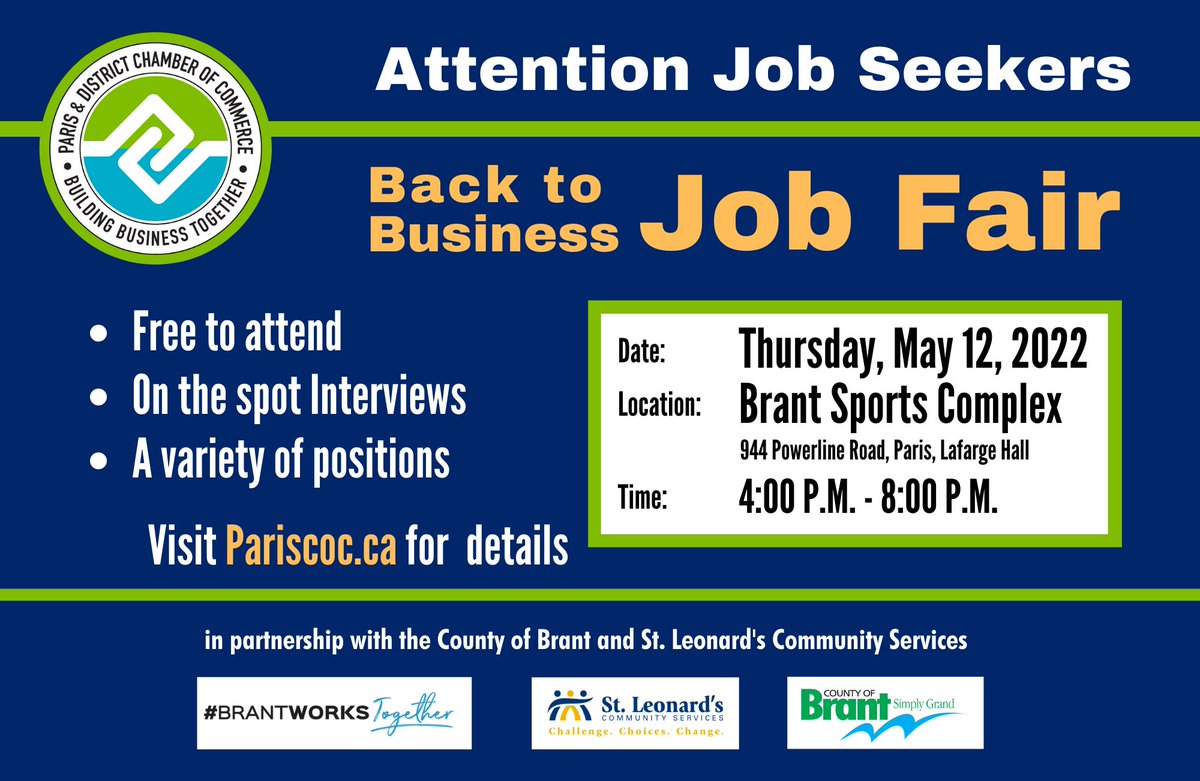 paris_chamber's tweet photo. Attention Job Seekers! Participate in our free Job Fair on May 12, 2022 at the Brant Sports Complex, Paris.  Free Accessible Shuttle is available from the Brantford Bus Terminal (by registration only, on website) Full details at https://t.co/ttIf1MRbbC #LoveLocalBrant #PDCC https://t.co/z2ppBiPJVt