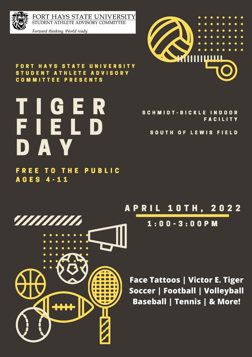 DixieBalman's tweet image. Bring your kids (ages 4-11) to the Schmidt-Bickle Indoor Facility Sunday to hang out with FHSU Student Athletes and have fun doing various activities.  Free and no registration required!! @fhsuathletics @FHSUSAAC