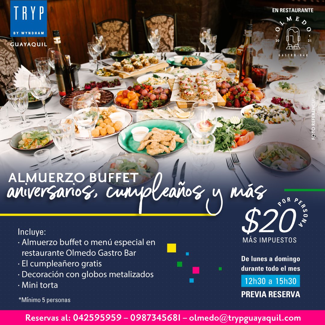 Celebra tus aniversarios, cumpleaños y más en el TRYP.  💙  
Realiza tu reserva:
 📞 042595959
 📲 0987345681
 📩 olmedo@trypguayaquil.com

#trypbywyndhamguayaquil #ecuador #guayaquil #buffet
