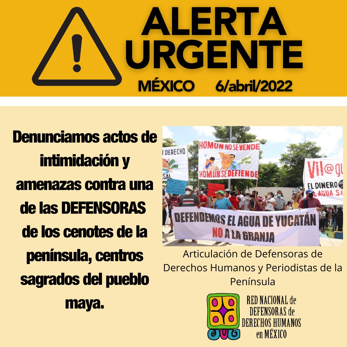 La #RNDDHM y la Articulación de Defensoras de Derechos Humanos y Periodistas de la Península, exigimos a las autoridades la investigación de estas agresiones y se garantice la protección de la defensora y su colectivo. 
[PRONUNCIAMIENTO] 👇 
bit.ly/AlertaHom%C3%B…