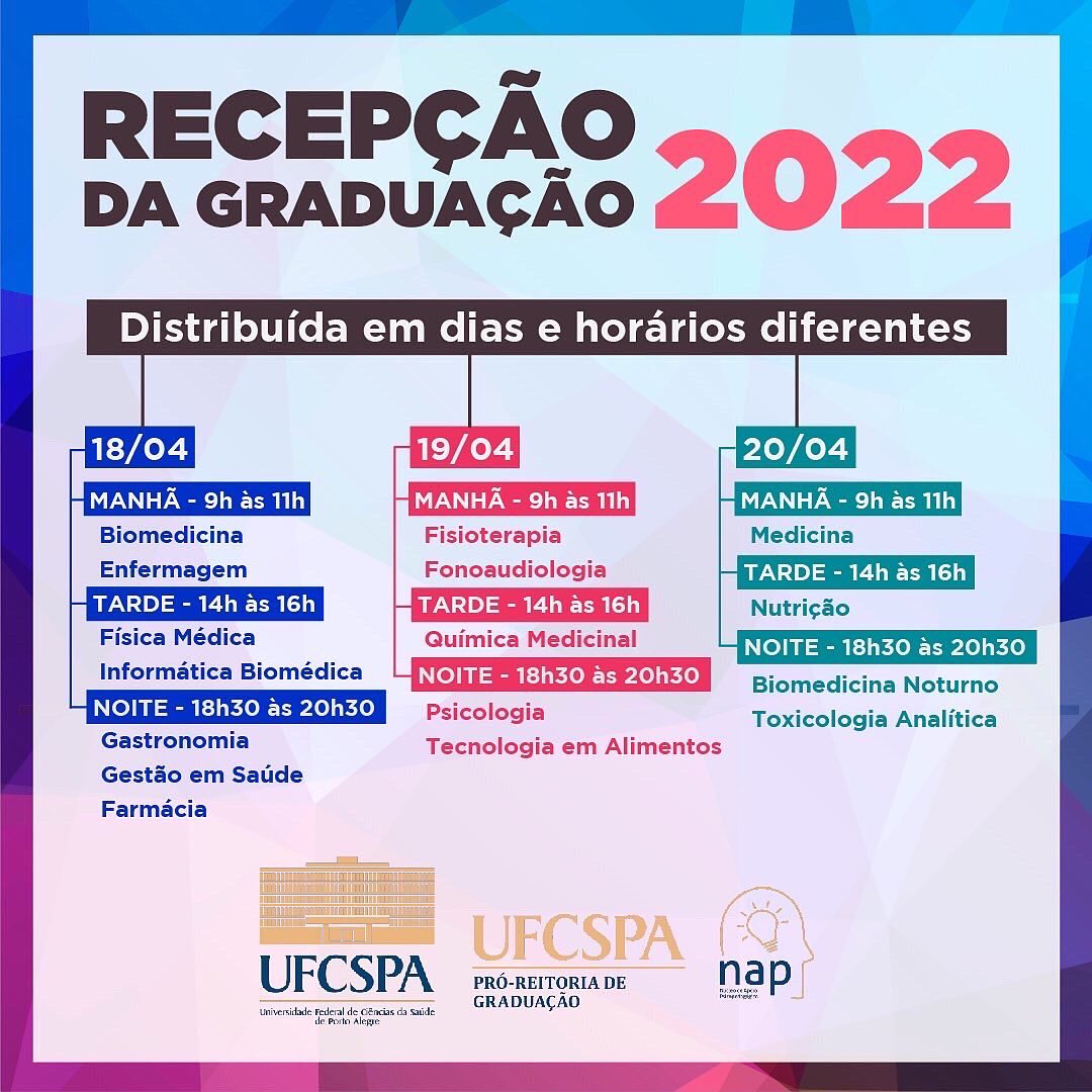 NAP_UFCSPA's tweet photo. Recepção dá Graduação 2022

***Atenção!!! A recepção destina-se a todos os discentes da graduação.

#graduação #graduacao #ufcspa #nap #prograd https://t.co/fA03hYmuop