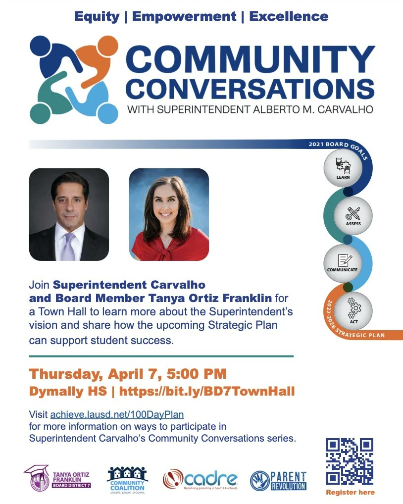 UPMEDICALMAGNET's tweet photo. Join Superintendent Carvalho &amp; Board Member Tanya Ortiz Franklin Apr 7 at 5PM for a Town Hall to hear the Superintendent’s vision to support student success. Register in advance at: https://t.co/cipyBdnxA1 to attend at Dymally HS or via Zoom. https://t.co/xDMdtQtbeC