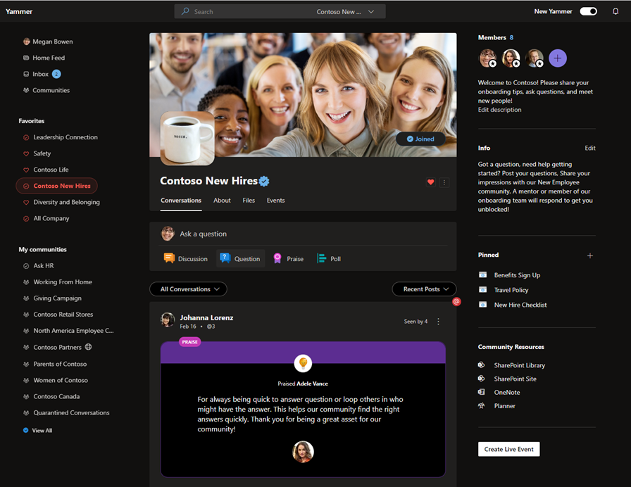 mikemcleanlive's tweet photo. More innovation rolling out from #Yammer! Announcements this month include: Upvote Answers, Bookmarks (they're back!), Dark Mode, Editing Attachments, improvements to notifications in #MicrosoftTeams and a new option for admins to enable the New Yammer. https://t.co/riuAp2Os7R https://t.co/07bla226Oj