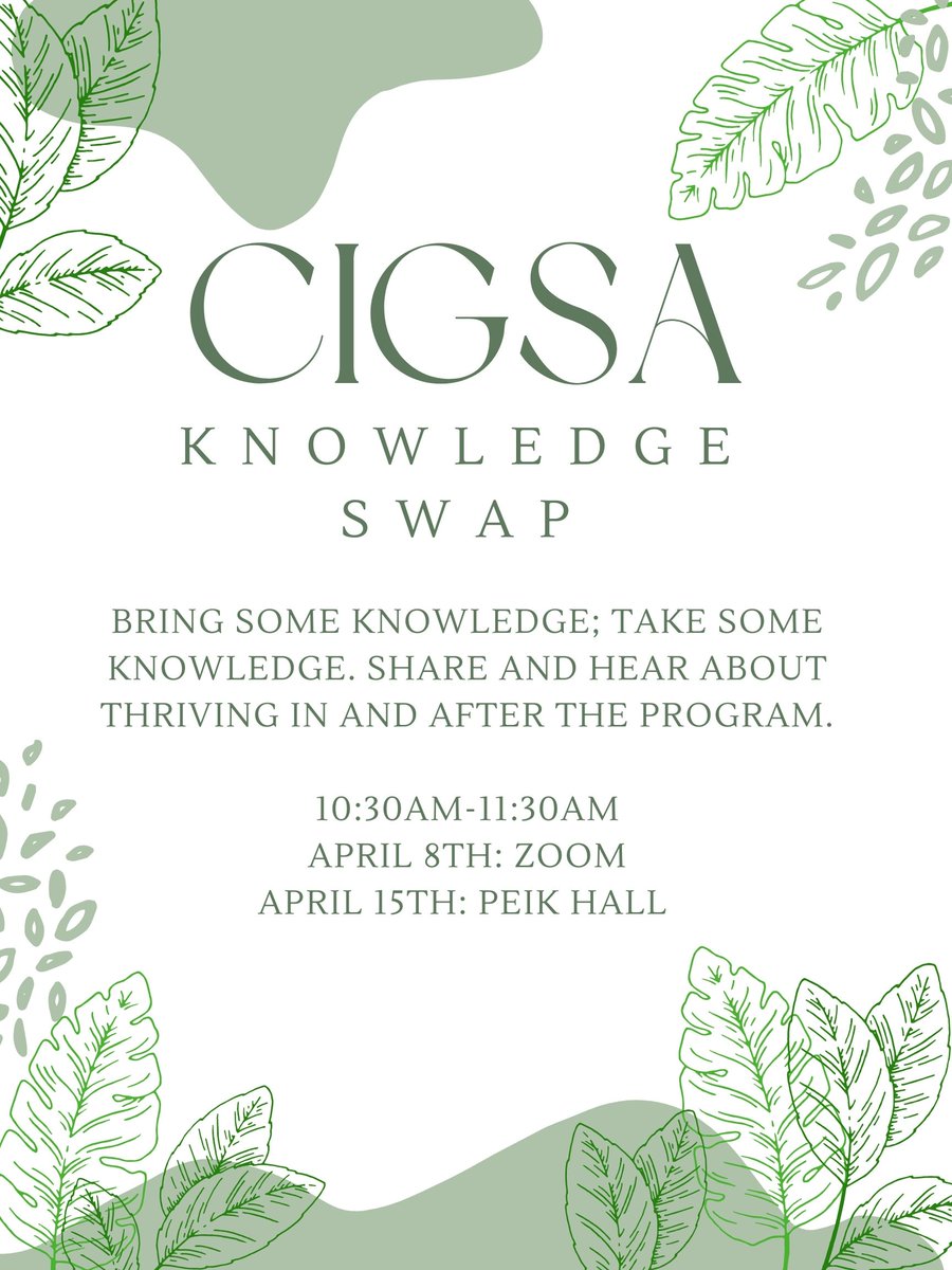 CIGSA_UMN's tweet photo. Zoom Knowledge Swap
Friday, April 8
10:30-11:30am
Link will be emails prior!
RSVP! https://t.co/cmA1QvSJa0

In-Person Knowledge Swap
Friday, April 15
10:30-11:30am
Room Location TBD (Peik Hall)
RSVP!
https://t.co/cmA1QvSJa0 https://t.co/4tZ5cFhRz4