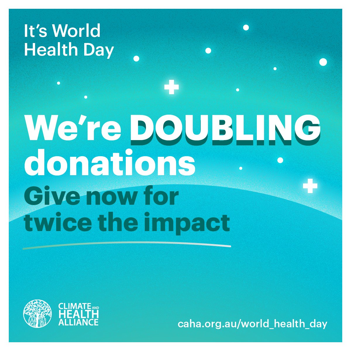 Today is #WorldHealthDay 🥳 <a href="/WHO/">World Health Organization (WHO)</a> has chosen the theme "Our Planet Our Health" to focus on the inextricable link between human health and our planet's health 💙

To celebrate, we're doubling donations for 24 HOURS ONLY. 

Double your impact, give now 👉 caha.org.au/donate