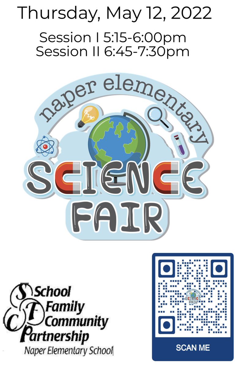 Naperscience's tweet image. May 12 is @Naperd203 science fair. Scan the QR code to sign up online or a form will be coming home with your child! Please email us at Napersciencefair@gmail.com with any questions!