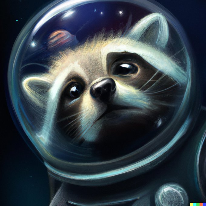Image Generated by OpenAI DALL E-2: "A raccoon astronaut with the cosmos reflecting on the glass of his helmet dreaming of the stars"