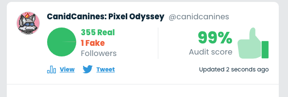 Check out <a href="/canidcanines/">Canid Canines: Pixel Odyssey</a>  audit! twitteraudit.com/canidcanines #twitteraudit 🔥

Join us: discord.gg/42BmtCUqan

#solanacommunity #NFTCommunity #NFT