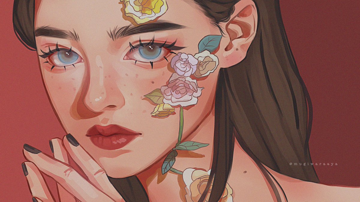 1girl solo flower red background black nails blue eyes portrait  illustration images