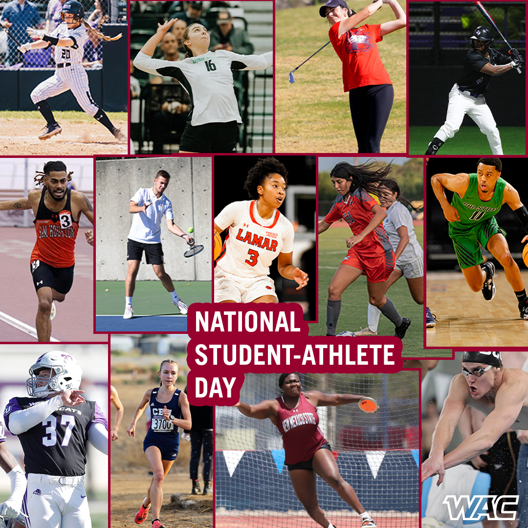 UAConference's tweet photo. Happy National Student-Athlete Day to all our WAC student-athletes! Thank you for being fearless competitors and dedicated students.
#LearnCompeteInspire x #NationalStudentAthleteDay https://t.co/ZdBlyDldLd