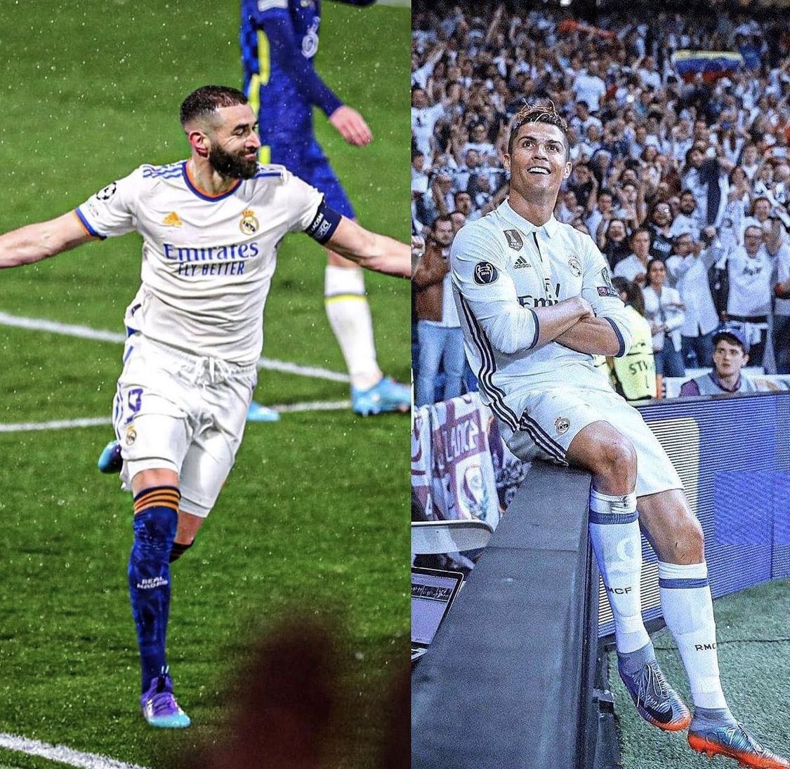 MadridSports_'s tweet photo. Os presentamos a los dos únicos jugadores de toda la historia en marcar dos hat tricks seguidos en eliminatorias #UCL

@cristiano ⚽️⚽️⚽️ Bayern y Atleti
@benzema ⚽️⚽️⚽️ PSG y Chelsea https://t.co/Xsz9qCfNh6