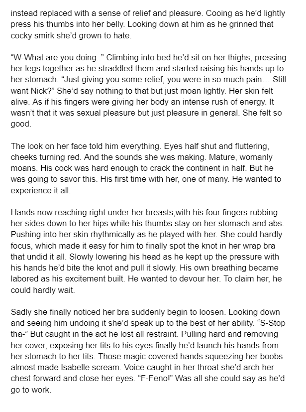 NEW STORY: Isabelle's Massage

In a different world where Isabelle is a strong mercenary warrior with a healing mage at her side, what happens when that mages long time rival shows up?

(Feel free to ask any questions in the replies about the story)

Pages: 1-4

#LewdRP