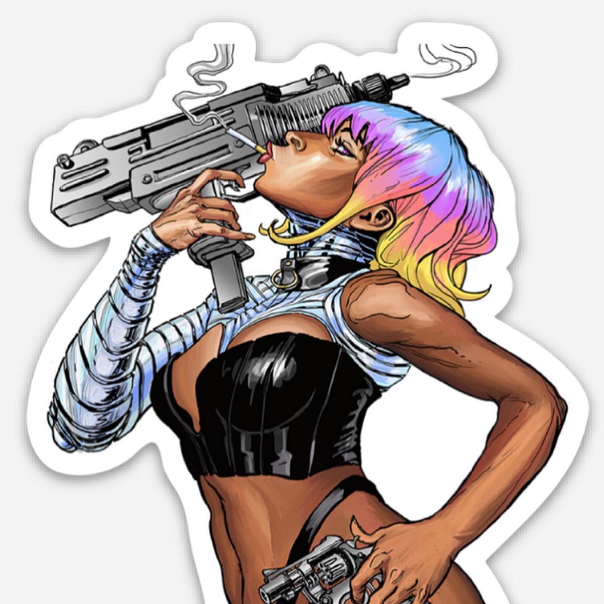Ian_Cinco's tweet photo. Just re-Upped my supply of this rainbow haired cyborg sticker. 4โ๐
#SelfPublishing #IndiComics #Comics #ComicArtist #NeonSpring #Cyberpunk #Comics #NewComics #ComicSeries #Stickers #StickerHead #ThisCarNeutralizesDouchebags https://t.co/ZRwbUqKCiq