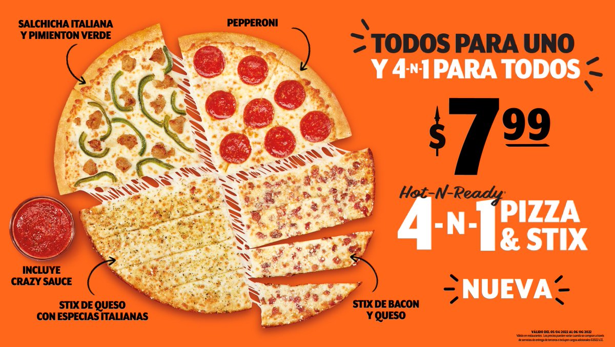 Nueva 4-N-1 PIZZA &amp; STIX😍Pizza Familiar con 2 rebanadas con pepperoni, 2 con salchicha italiana y pimentón verde, 4 stix de Queso con Especias Italianas y 4 stix de Bacon y Queso. Incluye Crazy Sauce🤤 Disfrútala por tan solo $7.99 en sucursales  @littlecaesarspanama⁣