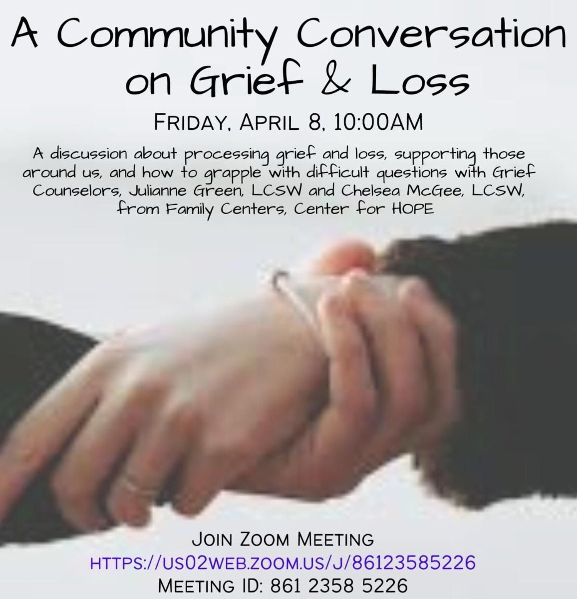 A Community Conversation on Grief &amp; Loss
Presented in partnership:: Darien Human Services (203) 656-7494,
New Canaan Human Services (203) 594-3093
and Family Centers, Center for HOPE