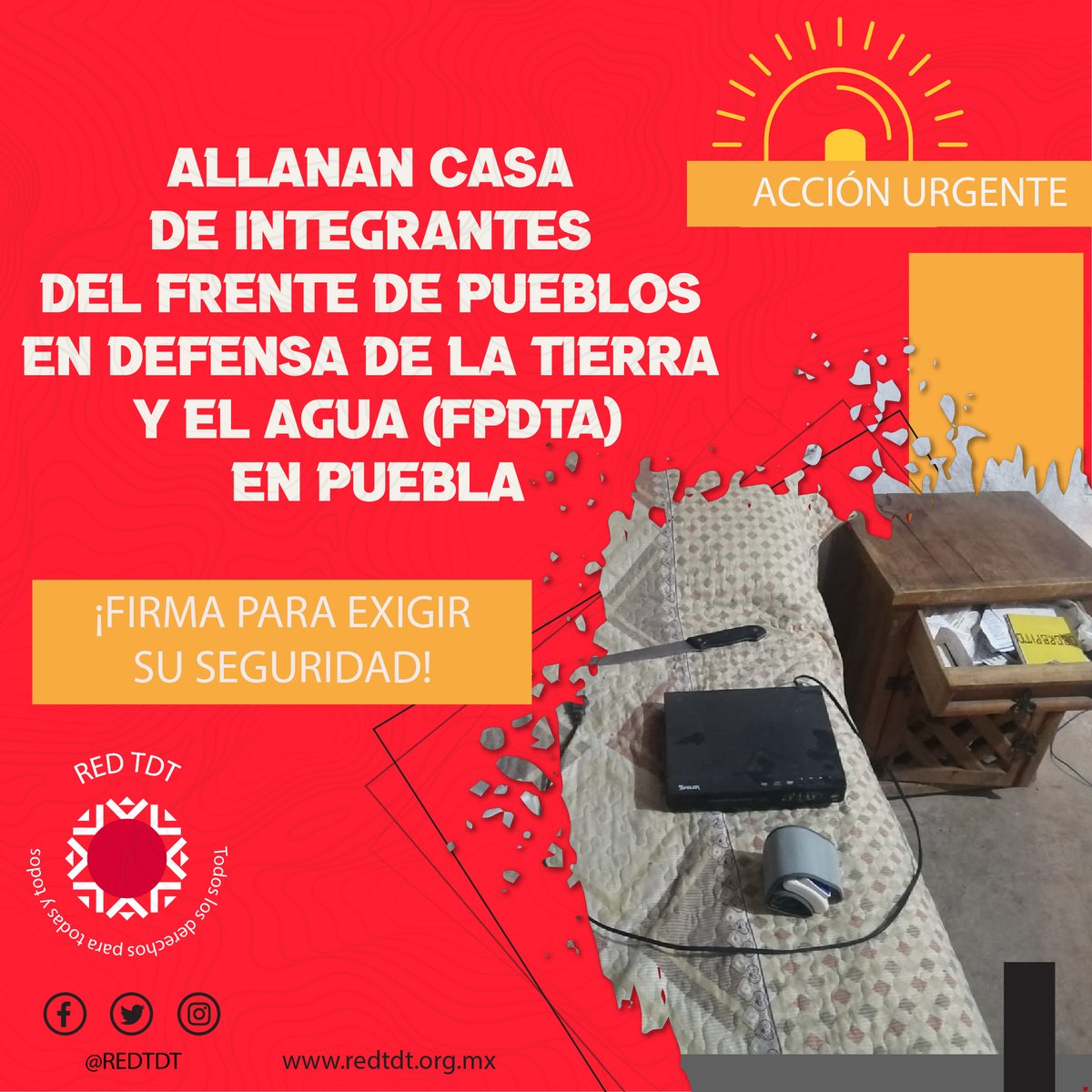 RedTDT's tweet photo. Firma esta #AcciónUrgente y exijamos garantías de seguridad para integrantes del @fpdtampt, sobre los recientes riesgos que enfrentan por defender el agua y la tierra.

@A_Encinas_R @eipdh @pueblagob @FiscaliaPuebla 
#AccionesUrgentes 

👇 https://t.co/GYymScF7wf https://t.co/yc2WfFozHM