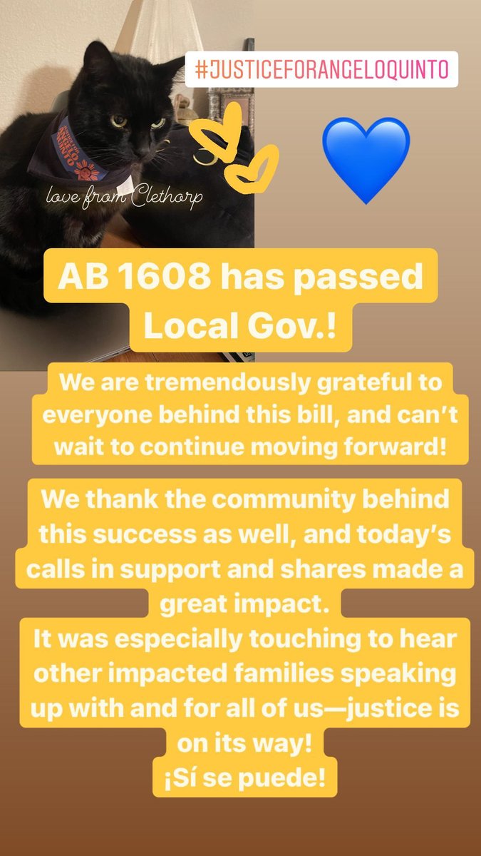 justice4angelo's tweet photo. #AB1608 has passed Local Gov! We are tremendously grateful 2 everyone behind this bill &amp; can't wait to cont moving forward! We thank community 4 today's calls in support. It was esp touching 2 hear other impacted fams. Justice is on its way! ¡Sí se puede! 
#JusticeForAngeloQuinto https://t.co/EVaRDCKKVw