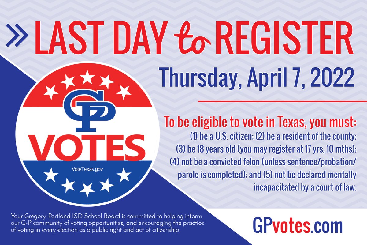 GPISD1's tweet photo. Are you REGISTERED TO VOTE, G-P? ... Here's your latest chance before the next election this May! Stay informed about voting opportunities, and join in the movement to build a culture of voting across G-P! #EveryVoteEveryTime #GPvotes https://t.co/0p9YElMy7K