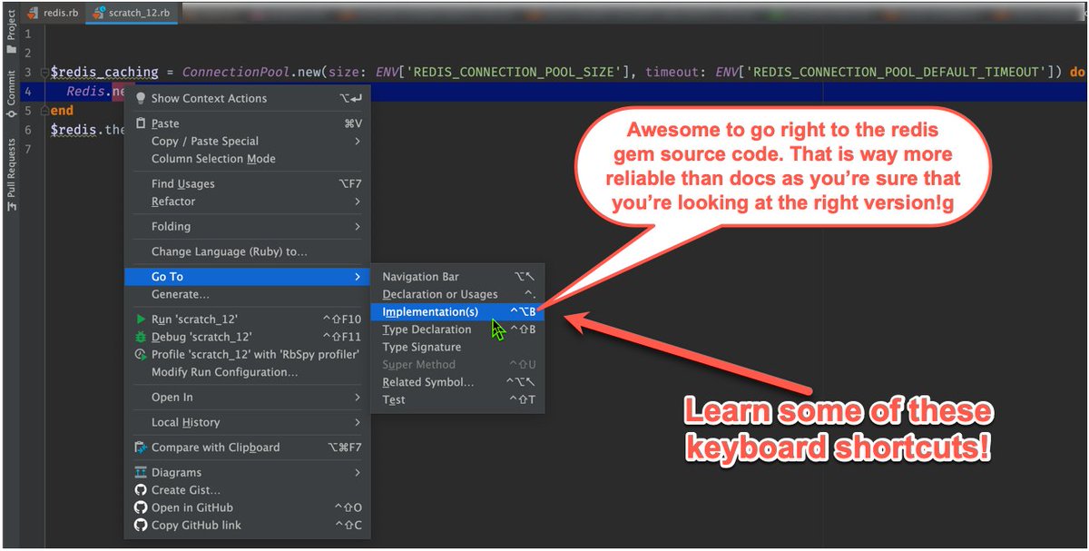 railsonmaui's tweet photo. Going to gem declarations is one of the best features of @rubymine! Know these keyboard shortcuts! I wish RubyMine could also go to the gem's GitHub repo line with a click! Non-trivial as the gem version from 'Gemfile.lock' matters! What do you think, @jetbrains?
#RubyMineTip https://t.co/vnILXz0pQn