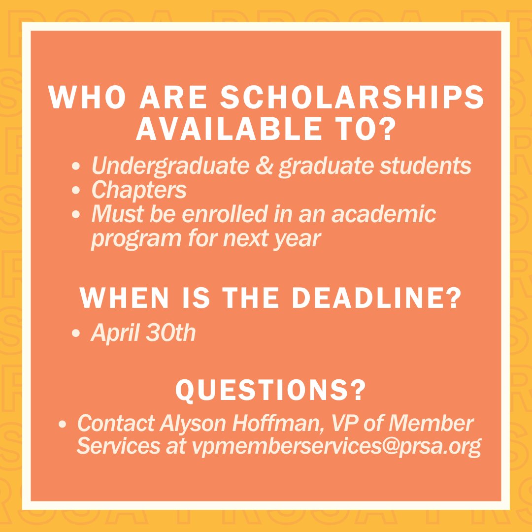 PRSSANational's tweet image. Have you started applying for scholarships and awards? ✨ Check out some of the key information on eligibility above &amp;amp; make sure you add April 30 into your calendars as the application deadline! Click the link in our LinkTree for more info. #prssa #prssanational