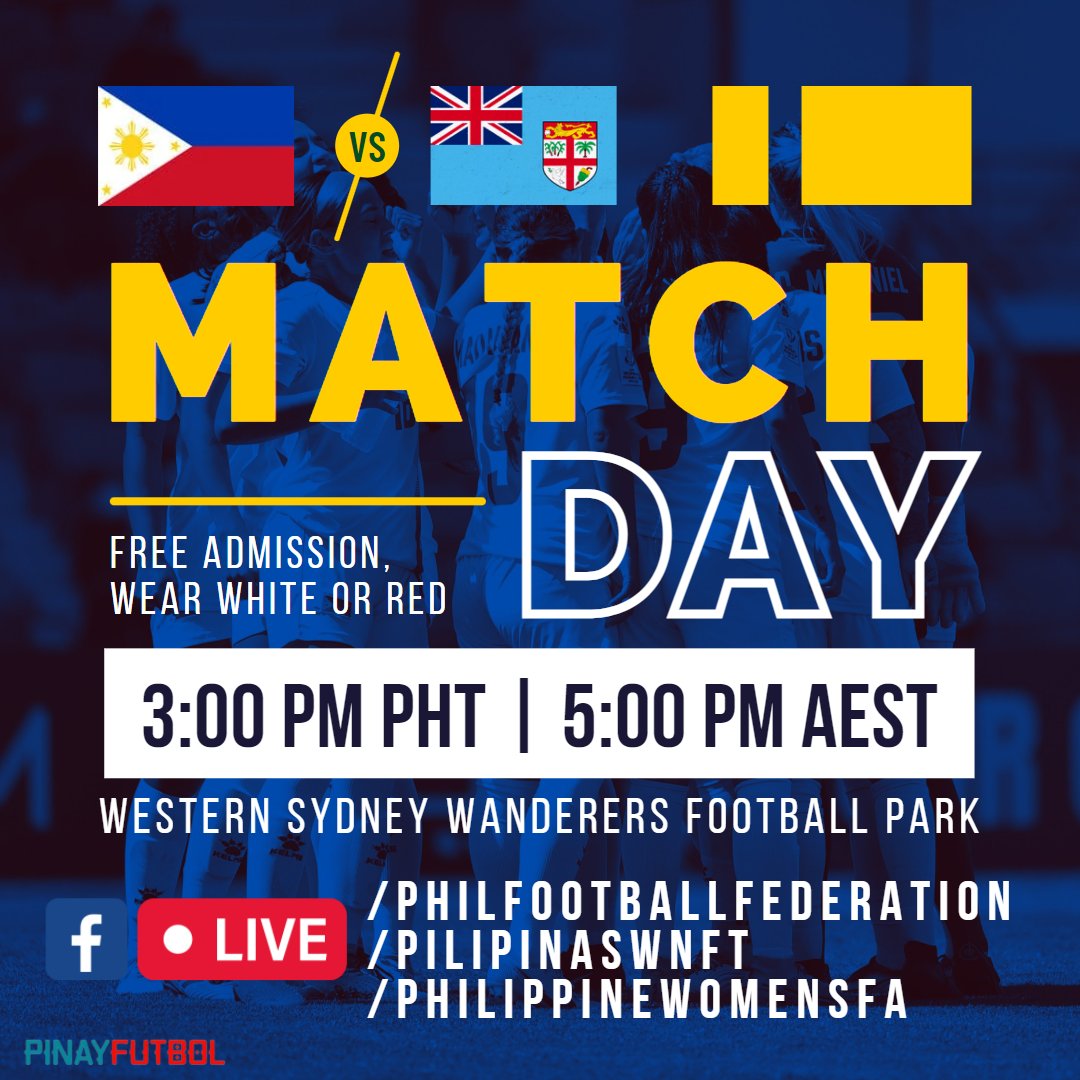 The #PWNT will face Fiji at the Western Sydney Wanderers Football Park Field 6 later at 5PM AEST. Admission is FREE! The match will be streamed LIVE via <a href="/philfootball/">Philippine Football Federation</a>, <a href="/PilipinasWNFT/">Philippine Women's National Football Team</a> and the <a href="/PHWomensFA/">Philippine Women's Football Association</a> Facebook pages at 3PM PHT! #LabanFilipinas 📷/ AFC