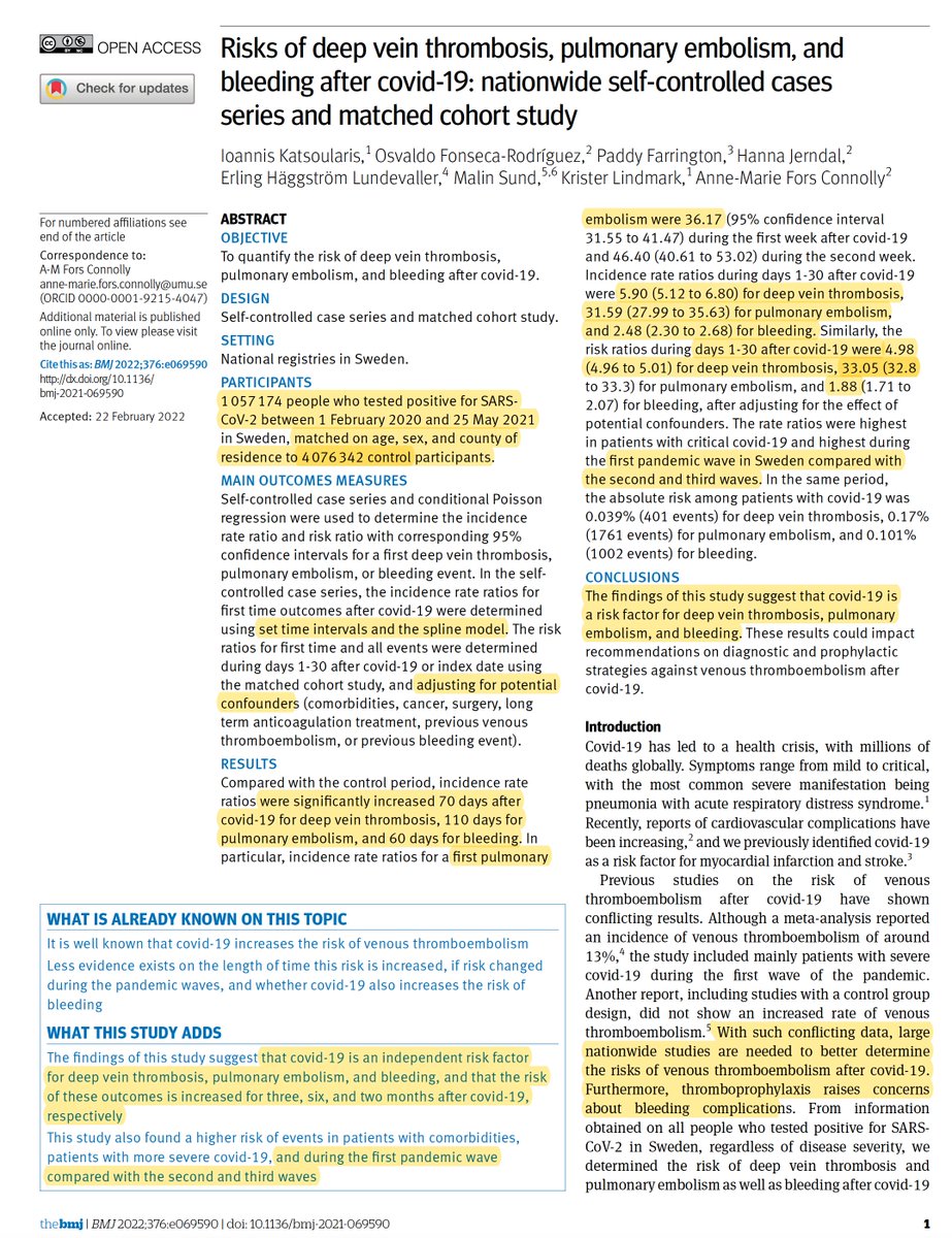 EricTopol's tweet photo. The risk of blood clots (pulmonary embolism and DVT) and bleeding events with Covid: Country-wide data from Sweden indicates the heightened risk extends out to 6 months and occurs even with mild infections in first 30 days https://t.co/JYf7zLkuOB
@bmj_latest https://t.co/7Ht6Sm4WN3