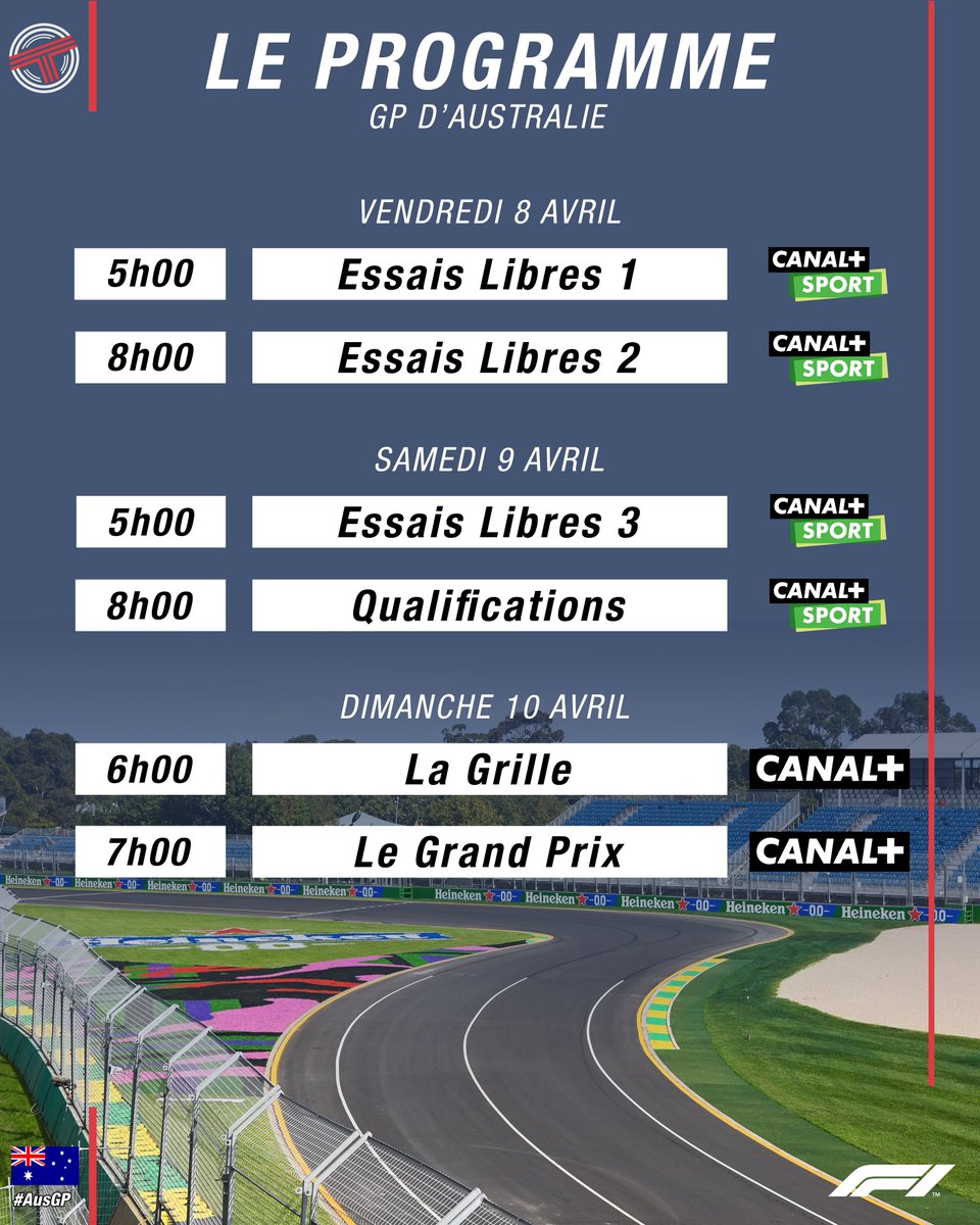 TearOffFR's tweet photo. 🗓️ LE PROGRAMME #F1 DU #AUSGP 🇦🇺 !

Préparez le café et les croissants car on va devoir se lever tôt pour suivre le retour de la F1 en Australie ☕️

🖥️ Un excellent week-end de vroom vroom à suivre sur les antennes de Canal+ ! https://t.co/J6D3dVg1ia