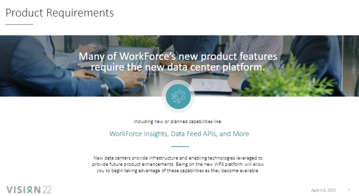 DeeAnnaW_NH's tweet photo. .@WorkForceSW gives detailed overview of plans to migrate all colocations to new global data centers w/i 2 years. Also discusses upgraded platform, v20.2, which will allow customers to benefit from new &amp; future platform enhancements. #WFSVision22 #WFM #HRTech https://t.co/AVQ2j8zOuG