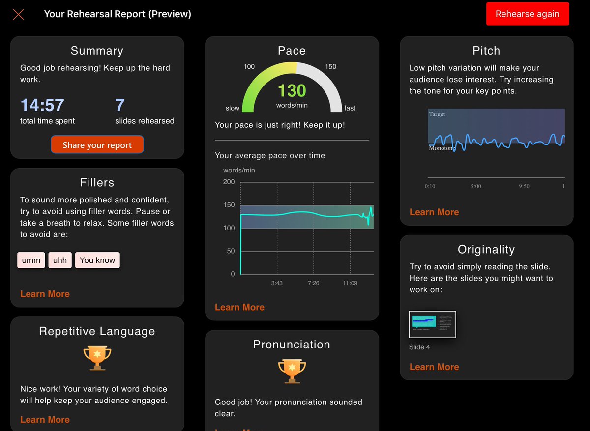 Preparing for a uni presentation and just discovered that #PowerPoint on the iPad can actually coach you and even tell you to stop saying “umm” so much as you go! Still feels a bit raw to be told by a robot that your voice is too boring 😳