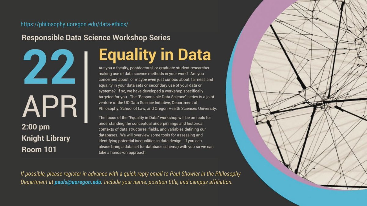 EQUALITY IN DATA CURATION WORKSHOP with NMCC program director, @cwkoopman.

Friday, April 22nd at 2:00p in Knight Library Room 101
Part of the Responsible Data Science Workshop Series

blogs.uoregon.edu/newmediacultur…