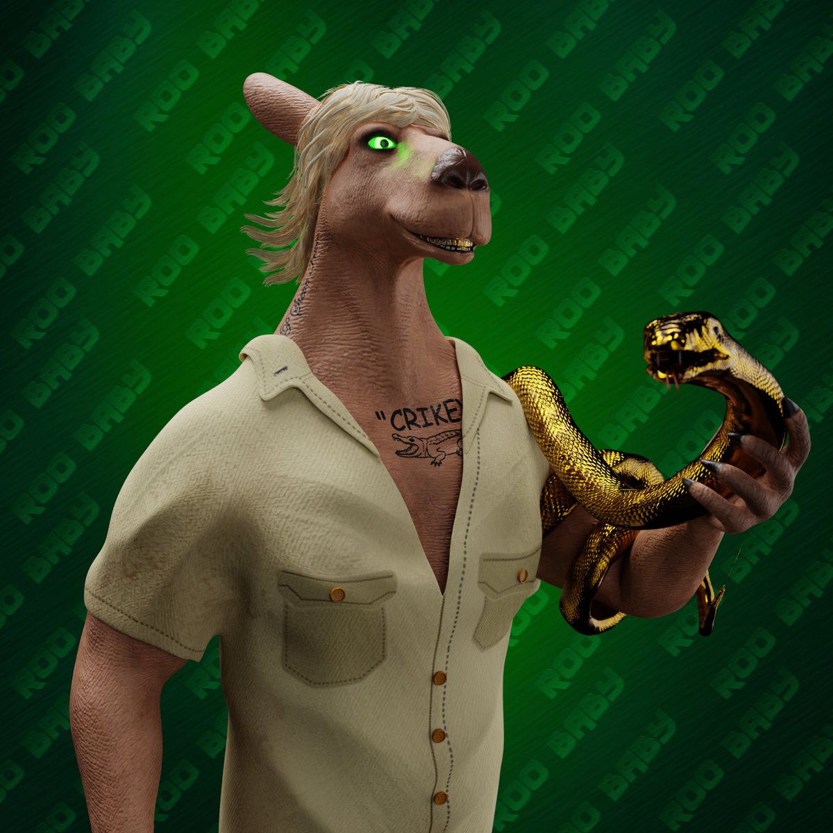 2 days till mint day and this Roo is Steve Irwins number 1 fan! He's breaking out the gold snake!

1 of 1 Steve’s biggest fan

MINT PERKS
- 10k NZD in ETH once revealed.
- Free KNK merch every collection drop.
- Extra entries to KNK events (+5)
- Unique Holder Role in Discord.
