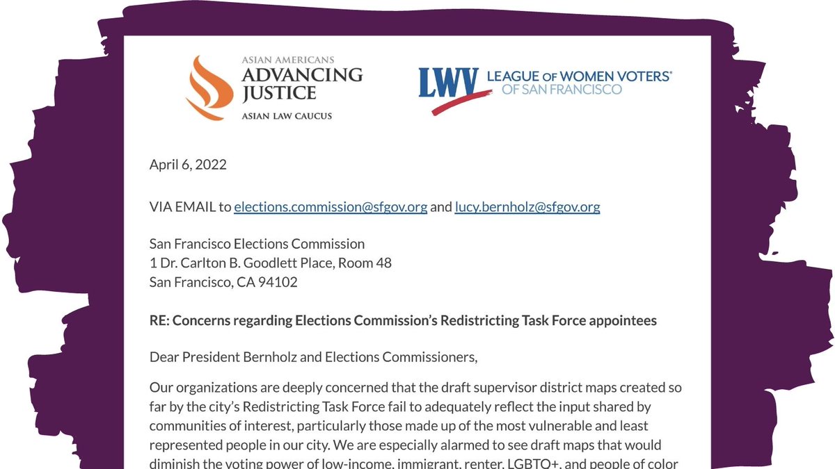 LWVSF's tweet photo. Today, @LWVSF & @aaaj_alc sent a letter to the Elections Commission with recommendations it take action to reinforce the duties and obligations of its @RedistrictSF Task Force appointees to support a fair and equitable redistricting process. https://t.co/Lxf2jMAr4I… #FairMapsSF https://t.co/yRN7yUDhUU