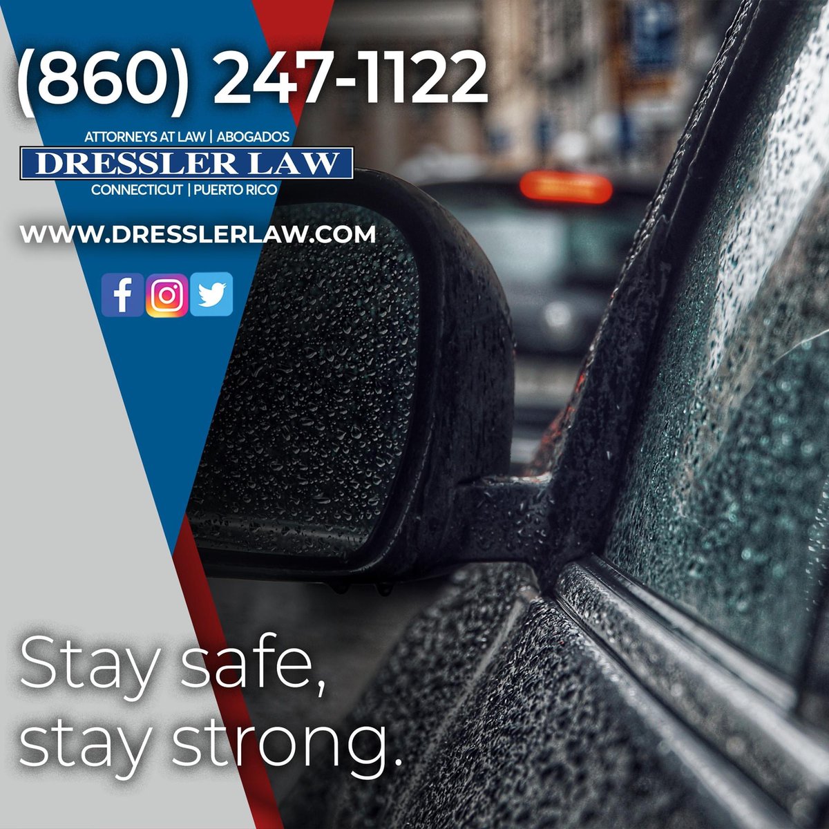 As soon as rain starts, turn on your headlines. Drive slowly and watch out for pedestrians. Injured? Call Dressler Law. #DontLetYourGuardDown