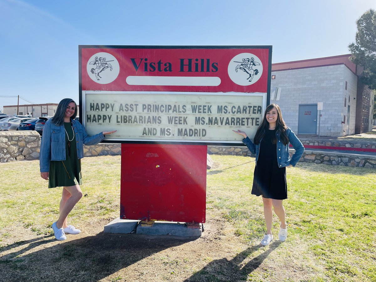 KarinaQSalgado's tweet photo. Happy Librarian’s Week to our “Library Ladies”. Thank you to our librarian, Ms. Navarrette @Vistahillslibr1 and assistant, Ms. Madrid! We appreciate ALL you do! Thank you for your passion and dedication to literacy and to our @VHESCrusaders #CrusaderPride ❤️📚🖤📚❤️ https://t.co/4xNZloyAM0