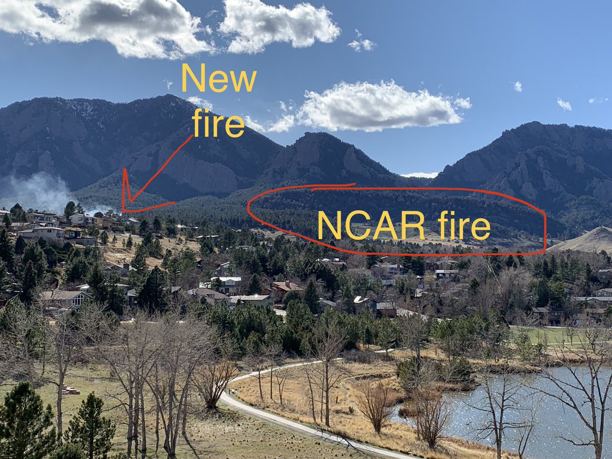 MBforBoulder's tweet photo. For perspective of where the new fire is compared to the #NCARfire. As viewed from Fairview HS. #boulder #boulderfire https://t.co/b9IU51RK7l