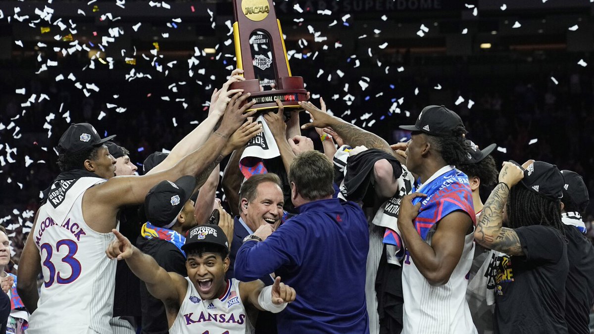 LeytenD's tweet photo. Rock Chalk. The Kansas Jayhawks are this years NCAA National Championship winners after a thrilling Championship game verses North Carolina. Kansas overcomes the biggest half time deficit in a National Championship game to win their 4th National Title in school history. #rsj108 https://t.co/pR6GtrZra1