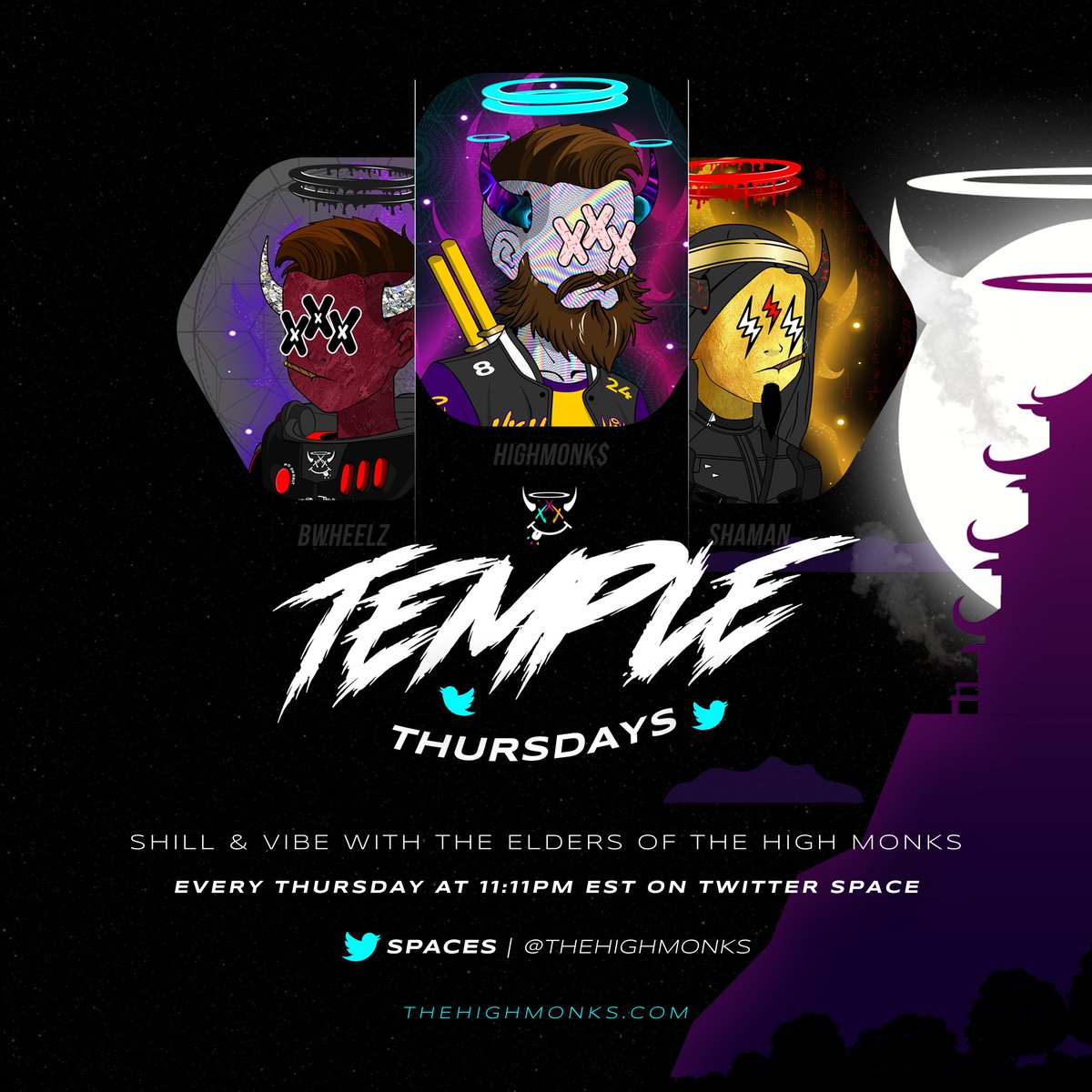 thehighmonks's tweet photo. Come join us for "Temple Thursdays w/ @thehighmonks", tomorrow at 11:11PM Eastern.

Set a reminder for our upcoming Space w/ @StonedApesNFT &amp; @lifted_elephant 
👉 https://t.co/8SNVl5cd3P

#NFTCommunity #NFTs #CannabisCommunity #cannabisculture #CannabisMedicinal https://t.co/469DLqIWHj