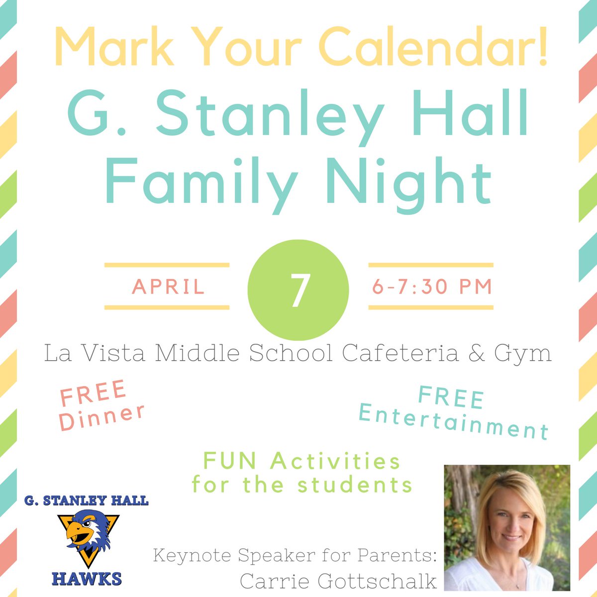GStanleyHall's tweet photo. Tomorrow! Join us for G. Stanley Hall Family Night! The event will take place at La Vista Middle School on April 7. There will be activities for the kids and free dinner! Check out the details here: https://t.co/vn4NcfYnVg https://t.co/D8vrubhX5b