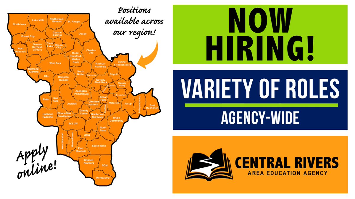 CentralRivers's tweet photo. We're looking to fill a variety of roles, agency-wide! Learn more and apply online by visiting our careers page: https://t.co/5sx5jijcUC
#CRAEA #iaedchat #nowhiring #speechlanguagepathologist #teamrep #consultantforschoolimprovement https://t.co/MqsIWPF9AY