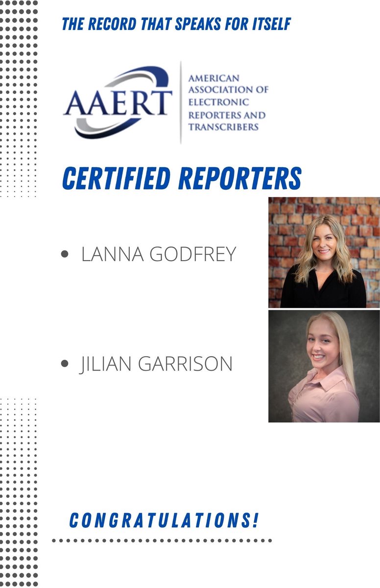 CourtReporterFL's tweet photo. Congratulations to two more of our reporters to add to our long list of AAERT Certified court reporters!  🎉 @AAERT https://t.co/Umipn1WQpm