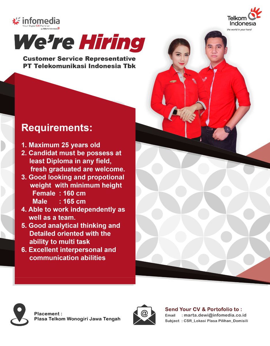 JavaSuyanto's tweet photo. @disnakerwngr Ijin share loker bpk/ibu. Open recruitment untuk posisi Customer Service Representative(CSR). Penempatan Plasa Telkom Wonogiri untuk kebutuhan SDM CSR female (perempuan). CP: 082133505503).  Terimakasih https://t.co/MCg9UOOOb9