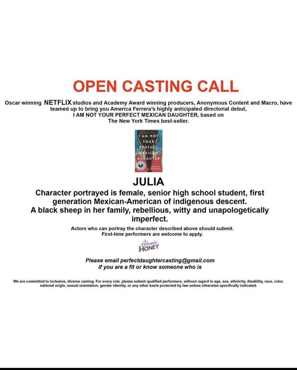NosotrosOrg's tweet photo. 🚨 CASTING CALL 🚨
FAMILIA!
Please share to your story to spread the word! 💜
#CastingCall #LatinX #Actress #AtomicHoney #ContodoNetflix #AmericaFerrera #NosotrosOrg
Repost: @contodonetflix 🚨 this is not a drill: @AmericaFerrera and @netflix are running an OPEN CASTING CALL https://t.co/VLq1upgtBt