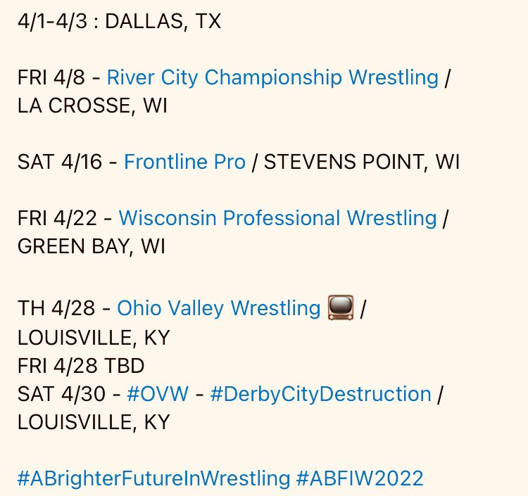 KodaJacobs_'s tweet photo. 🚨🚨APRIL 2022 SCHEDULE🚨🚨
.
.
.
.
#ABrighterFutureInWrestling
#ABFIW2022
#supportindependentwrestling
#ovw #ovwlive #frontlinepro #jointhefight #springfever #wpwlive #allbetsareoff #ovwderbycitydestruction
@RiverCityCW @FrontlinePro1 @ovwrestling https://t.co/1uaxmDanD0