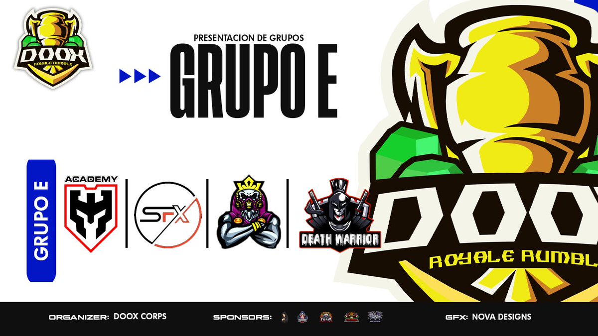 DooX Corps (@dooxcorps) on Twitter photo DooX Royale Rumble
1era edición
Presentación de Grupos
Grupo E
<a href="/WSAcademyCR/">Warriors Squad Academy</a>
<a href="/ShockFX_CR/">ShockFX Clash Royale</a>
<a href="/ToxicalGaming_L/">Toxical Gaming League</a>
<a href="/DeathWarriorCR/">©®Death Warrior</a> DooX Royale Rumble
1era edición
Presentación de Grupos
Grupo E
<a href="/WSAcademyCR/">Warriors Squad Academy</a>
<a href="/ShockFX_CR/">ShockFX Clash Royale</a>
<a href="/ToxicalGaming_L/">Toxical Gaming League</a>
<a href="/DeathWarriorCR/">©®Death Warrior</a>