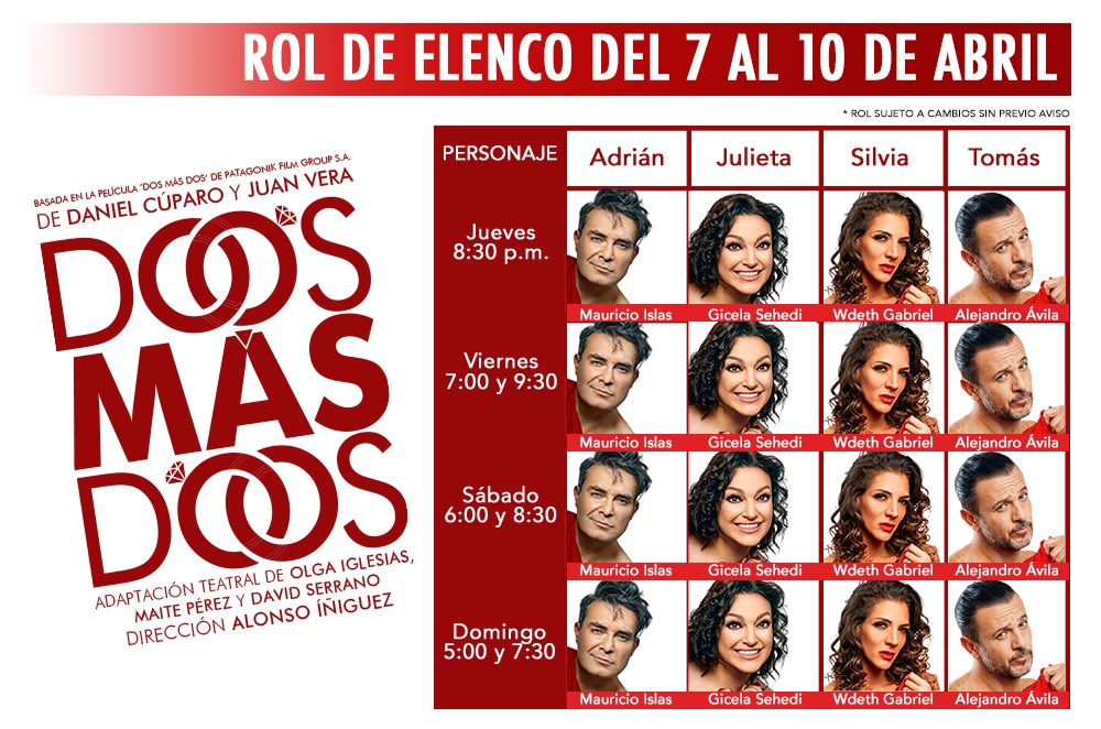 De Jueves a Domingo no te pierdas <a href="/ObraDosMasDos/">Dos Más Dos</a> en el Teatro Royal Pedregal con  @MauricioIslas  @AlexAvila14 y <a href="/wdethgabriel/">wdeth gabriel</a> @GisoSehedi
Boletos 🎟 ow.ly/N5XL50FF0mC
AHORA en el📍Teatro Royal Pedregal