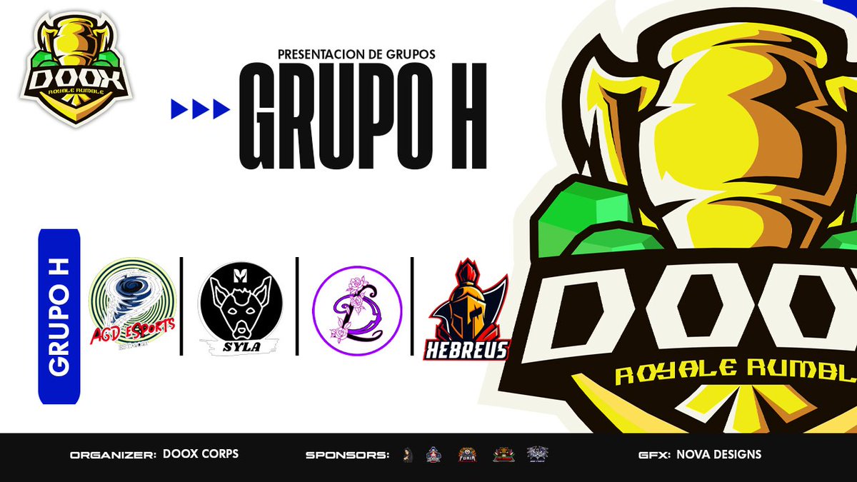 DooX Royale Rumble
1era edición

Presentación de Grupos 

Grupo H

<a href="/AGD_eSports/">𝘈𝘎𝘋 𝘦𝘚𝘱𝘰𝘳𝘵𝘴 🌪️</a> 
@MexySyla 
@LatinMGirls 
<a href="/HebreusTeam/">HeBreus🇧🇷</a>