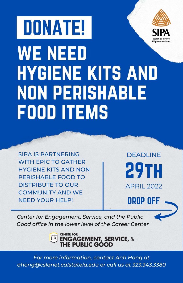 CalStateLAServe's tweet image. Just a reminder that the deadline for donation collection will be at the end of this month. Let&apos;s get in as many nonperishable food items and hygiene kits to help SIPA&apos;s good cause! For more volunteer opportunities, log onto eagle connect.

#communityservice #csula #iservela
